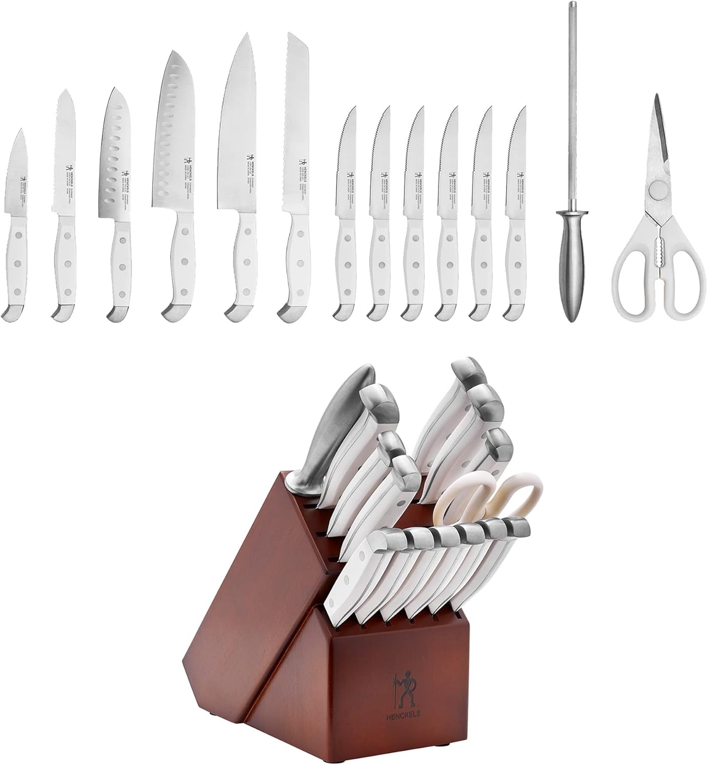 HENCKELS Statement 15Piece White-Handled Knife Block Set with Shears, Sharpening Steel - Dishwasher Safe, Ergonomic Handle