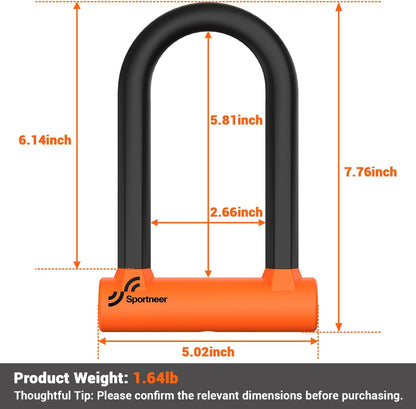Sportneer Bike Lock: 17mm Heavy Duty Bike U Lock - High-Security Anti-Theft with 12mm x1.5m Steel Cable, 8''x5'' Compact Design, Includes Mounting Bracket for Mountain/Road/Folding/Electric Bikes