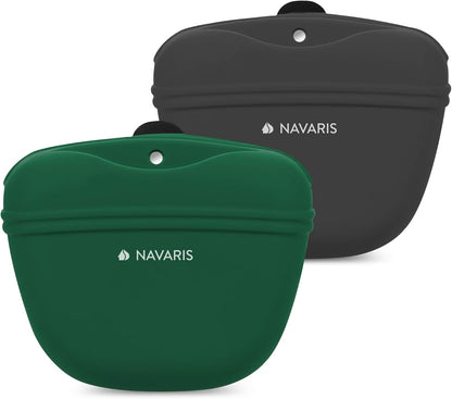 Navaris Silicone Dog Treat Pouches (Set of 2) - Dog Treat Pouch Holder Bag with Clip for Training, Treats, Leash - Polyhedron Design - Blue and Gray