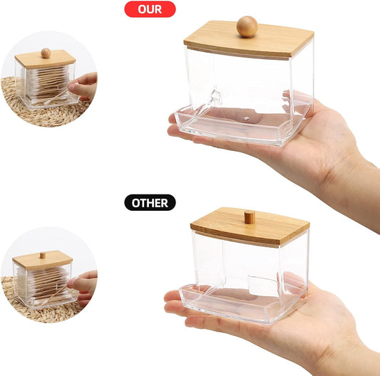 Large Clear Cotton Swab Holder with Bamboo Lid, Apothecary Bathroom Organizer for Qtips, Cotton Balls, Floss and Small Accessories - PuriLite