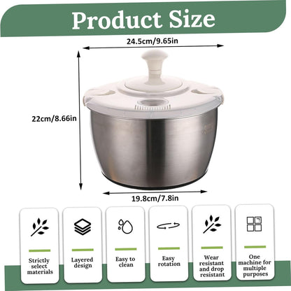 Salad Spinner 5L Dual Layer Stainless Steel & PP Lettuce Spinner with Lid & Rotating Handle Multi-Purpose Quick Dry Fruit and Vegetable Wash for Kitchen, Salad, Lettuce