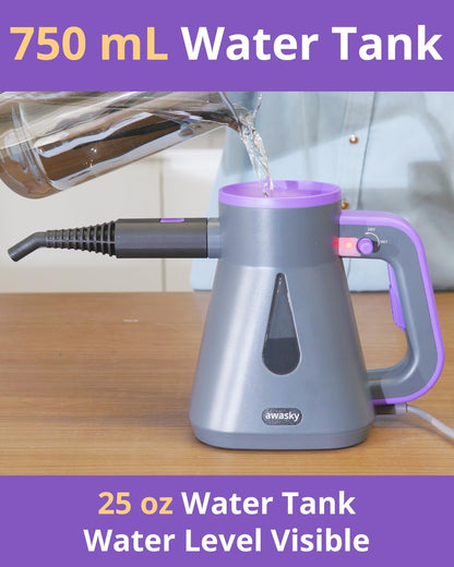 awasky Handheld Steam Cleaner: 10-Sec Heat-Up, 25oz Tank Refill Anytime (Non-Pressurized), Lockable Steam Trigger, 1200W, 14-Pcs Kit, Dry/Wet Modes for Tile Grout Shower Furniture Car Cleaning Gray