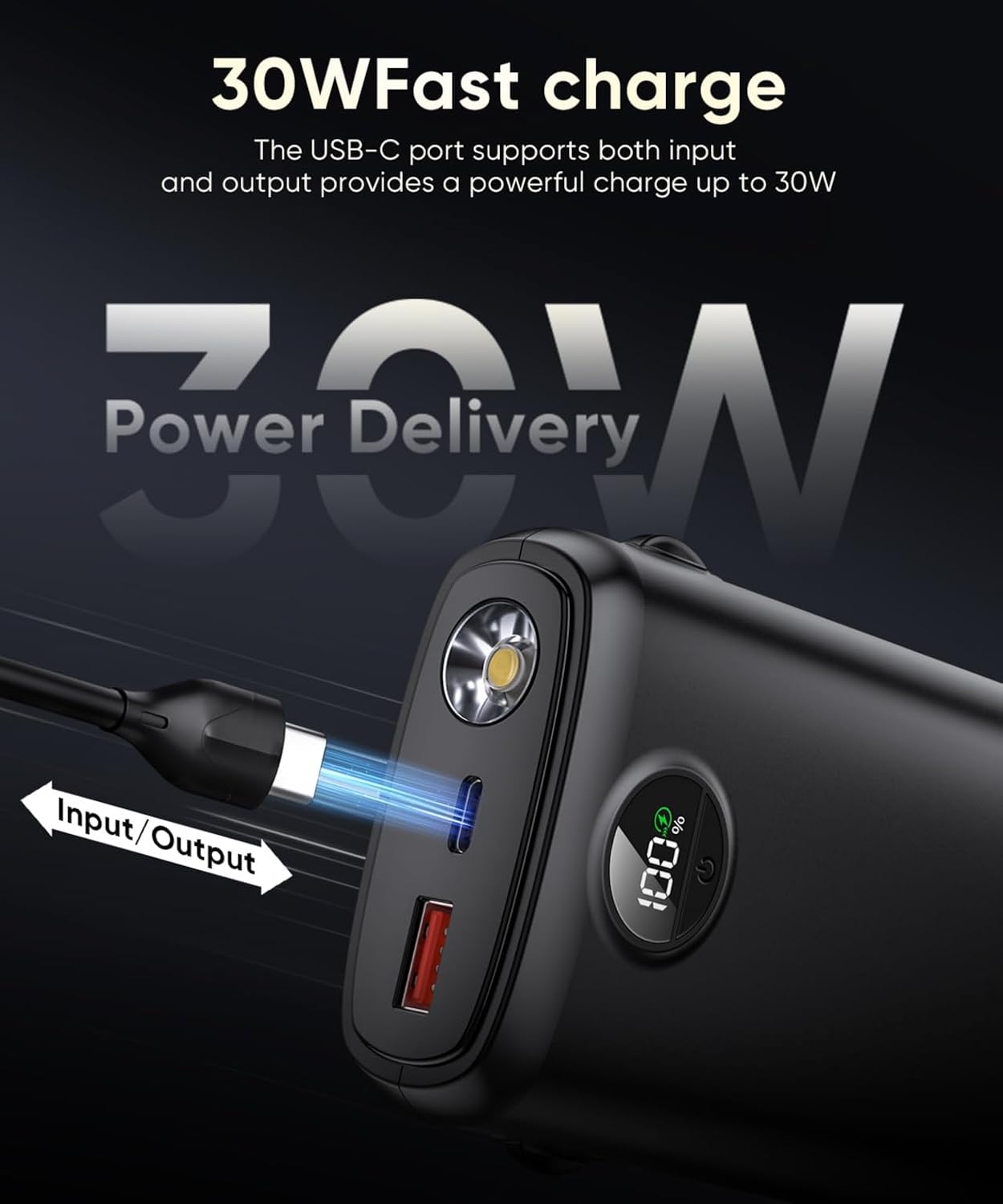 Portable Charger with Built in Cable Power Bank 40000mAh PD 30W Fast Charger Battery Pack Built-in Type-C/iOS Cable and Flashlight Compatible with iPhone Samsung Google iPad etc
