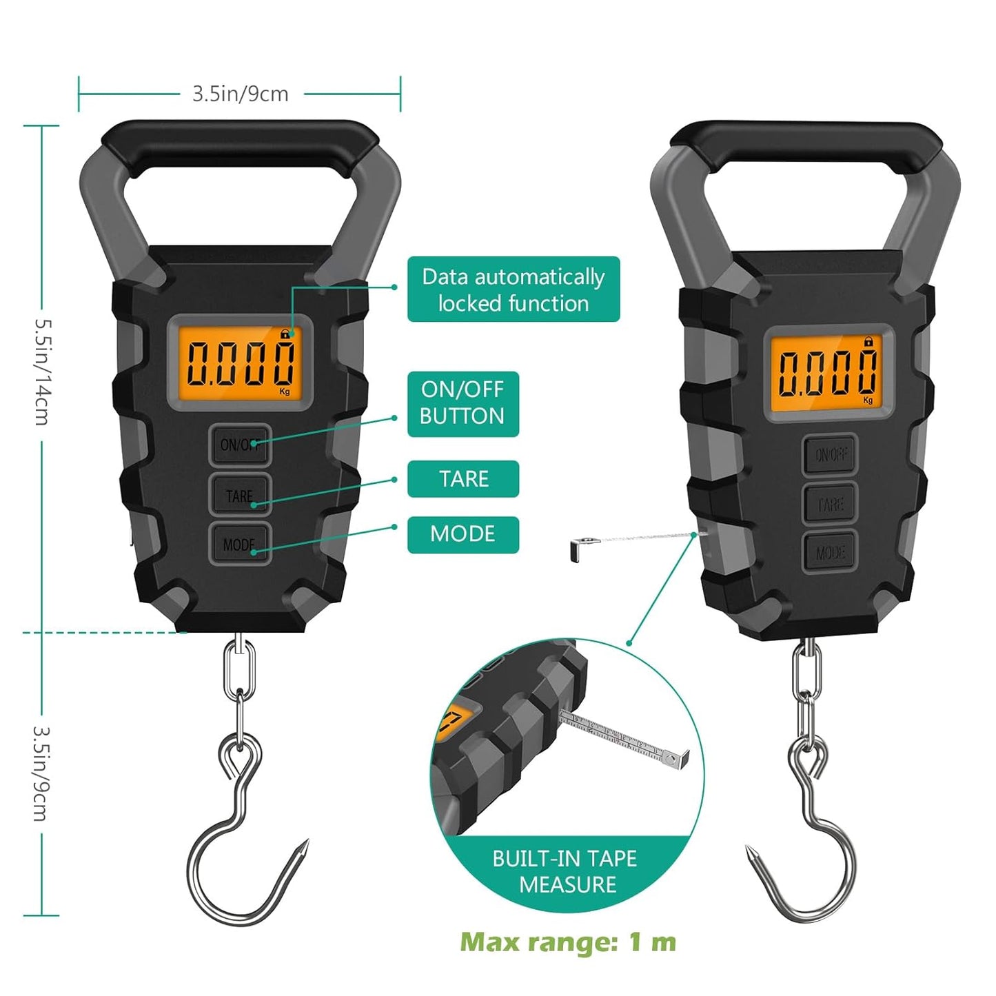 ORIA Fish Scale Digital, Fishing Scale, Fish Scale with Ruler, 50kg/110lb Electronic Digital Luggage Scale, Waterproof, Backlit LCD Display (Gray)