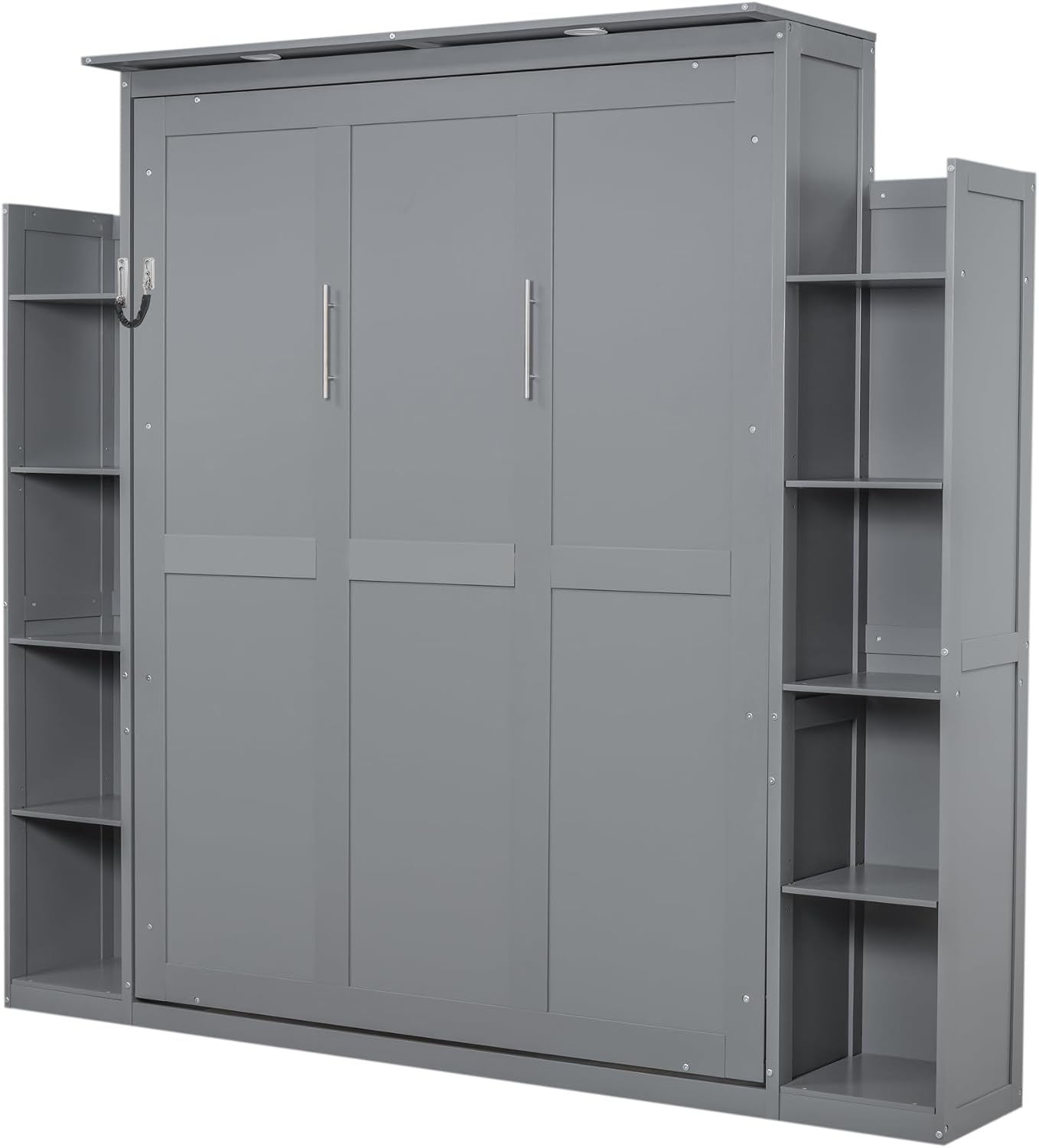 Merax Queen Size Murphy Bed with 2 Five-Layer Cabinet, Wall Bed with Shelves and Lights, Foldable Platform Bed Folded into Cabinet for Guest Room, Home and Office (Gray)