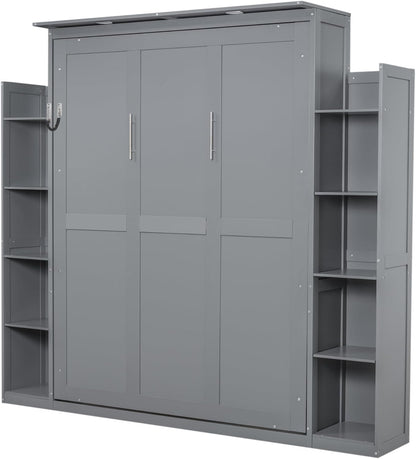 Merax Queen Size Murphy Bed with 2 Five-Layer Cabinet, Wall Bed with Shelves and Lights, Foldable Platform Bed Folded into Cabinet for Guest Room, Home and Office (Gray)