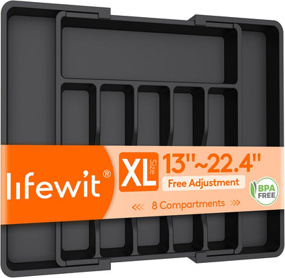 Lifewit Extra Large Cutlery Organizer – Expandable Adjustable Silverware Drawer Organizer with 8 Compartments for Forks, Spoons, Knives, and Kitchen Utensils, Black - PuriLite