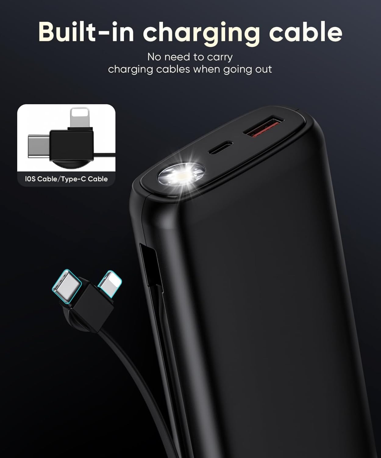 Portable Charger with Built in Cable Power Bank 40000mAh PD 30W Fast Charger Battery Pack Built-in Type-C/iOS Cable and Flashlight Compatible with iPhone Samsung Google iPad etc