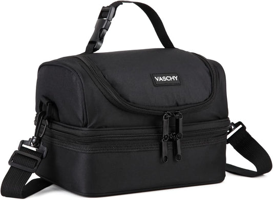VASCHY Lunch Box Bag Men, Insulated Two Compartments Bento Cooler Bags for Adults/Women/Kids for School,Daycare,Kindergarten,Picnic Black