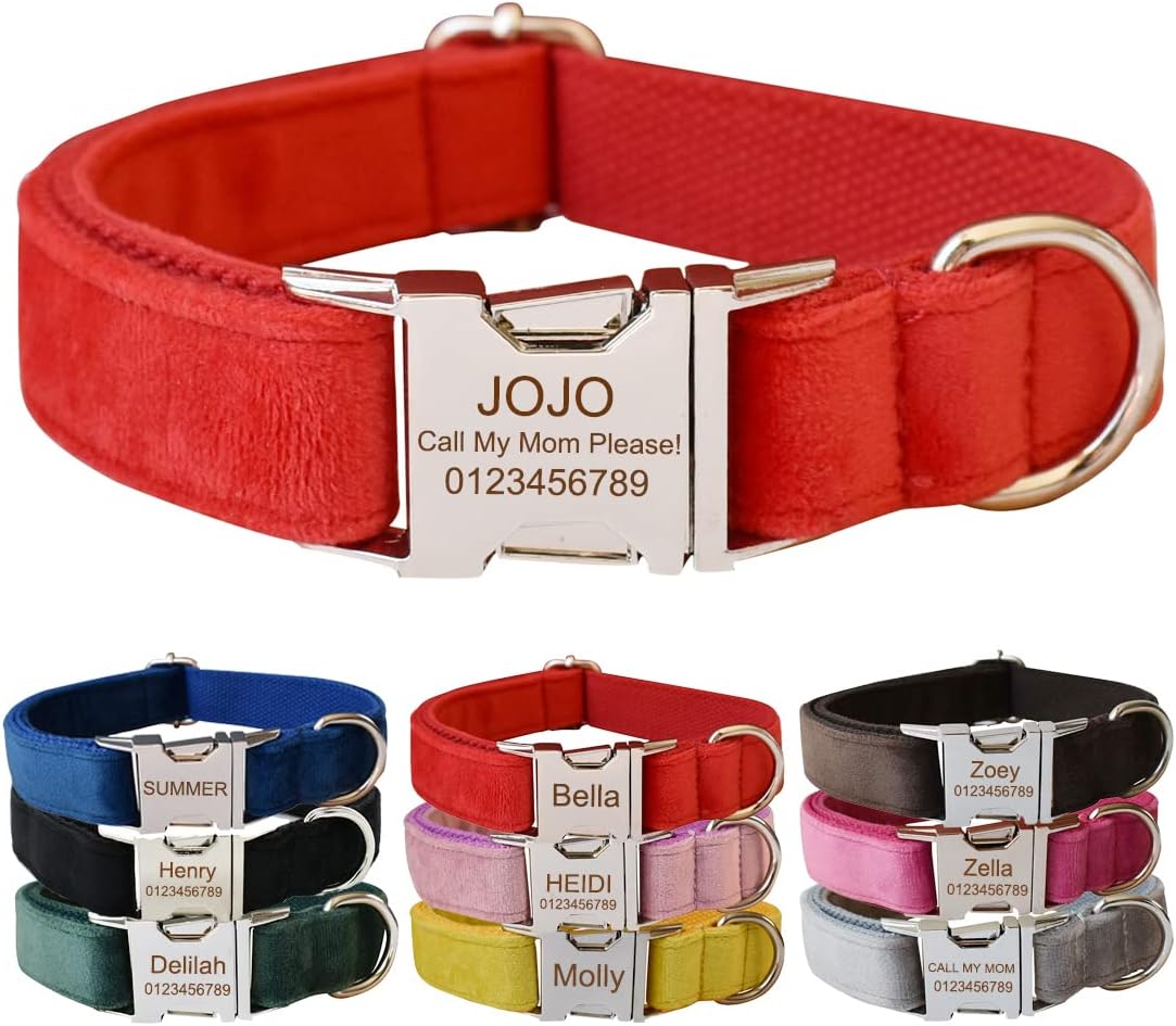 Custom Dog Collar with Metal Buckle - Pet Collars Personalized with Name and Phone Number (Plaid)