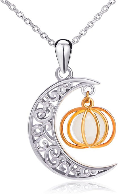 Halloween Jewelry 925 Sterling Silver Moon and Pumpkin Bat Luminous Beads Glow Pendant Necklace, 18 inches