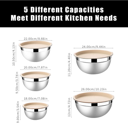 Lazycorner Mixing Bowls with Airtight Lids Set 5 Pcs Stainless Steel Bowls Set Baking Set Non-Slip Silicone Bottoms Great for Serving & Baking - PuriLite