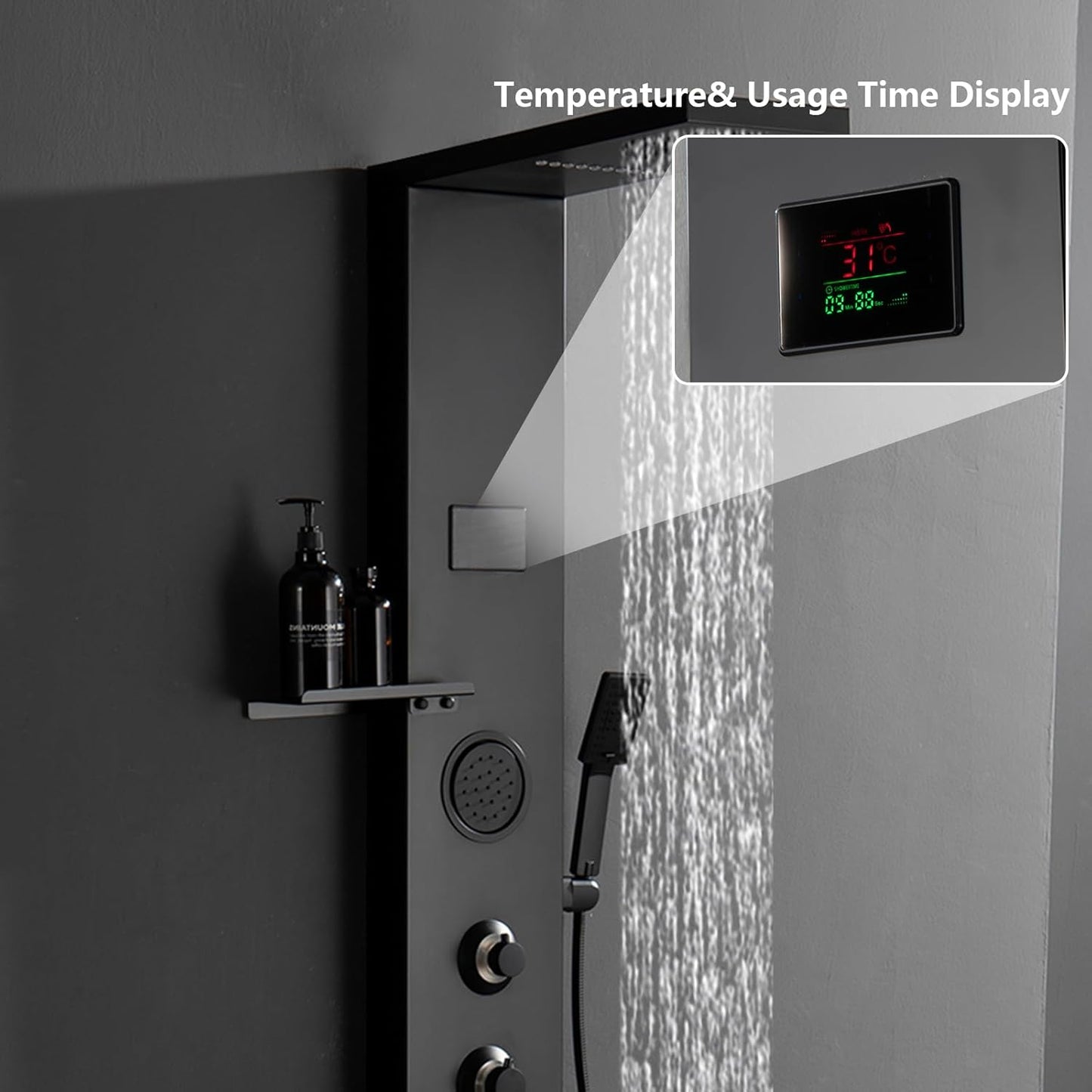 BATHLAVISH LED Black Shower Panels, Shower Tower with Storage Shelf 304 Stainless Steel System with Rainfall Shower Head with Handheld Massage Body Jets Bathroom Matte Black Waterfall Bathtub