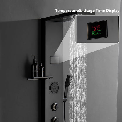 BATHLAVISH LED Black Shower Panels, Shower Tower with Storage Shelf 304 Stainless Steel System with Rainfall Shower Head with Handheld Massage Body Jets Bathroom Matte Black Waterfall Bathtub