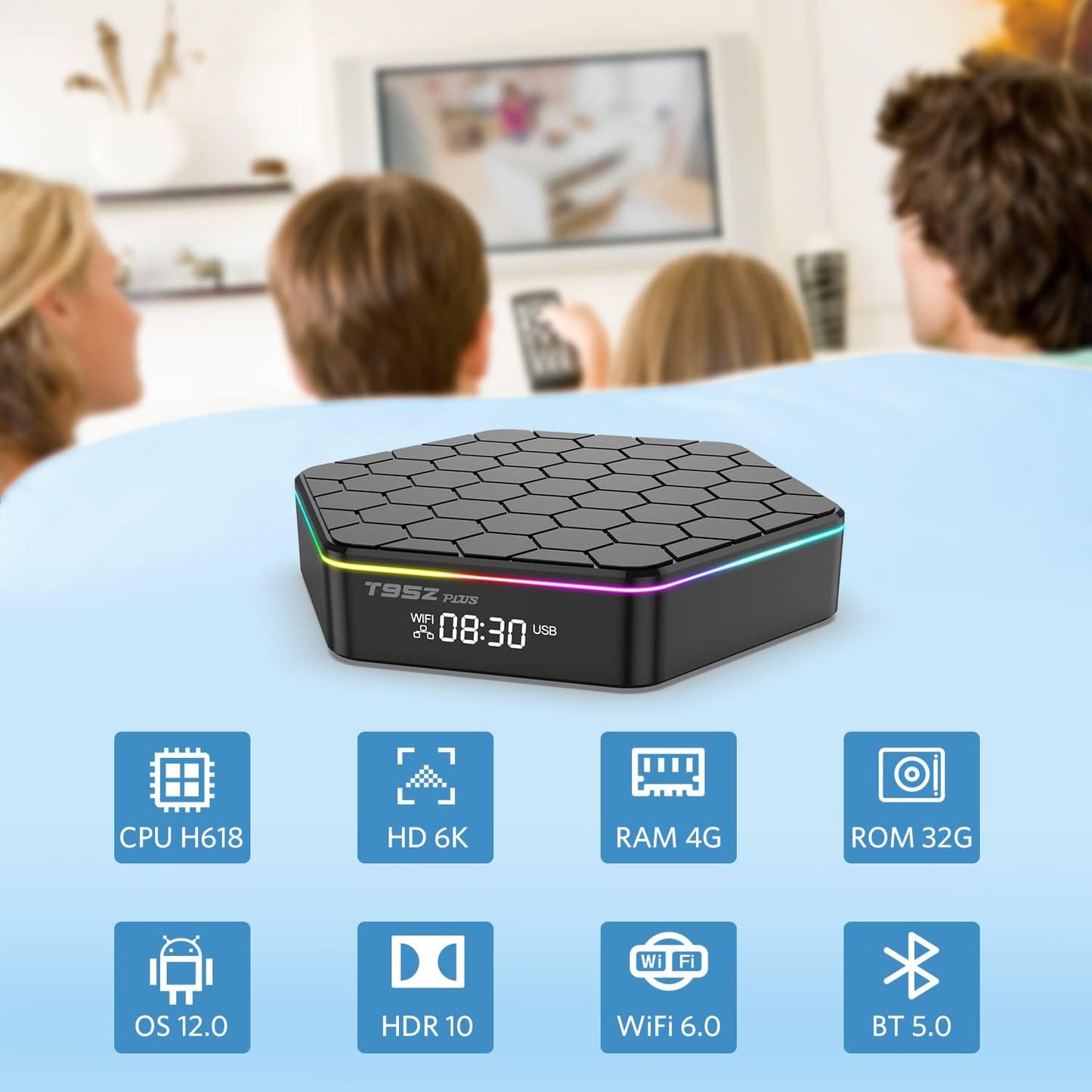 Android 12.0 TV Box，6k/3D HD Tv Box H618 Quadcore 4GB RAM 32GB ROM 2.4G/5.0G Dual WiFi & BT 5.0 Android Box Support Multi-Lingual TV Box with LAN Ethernet 10/100M for Chat Movie Game etc.