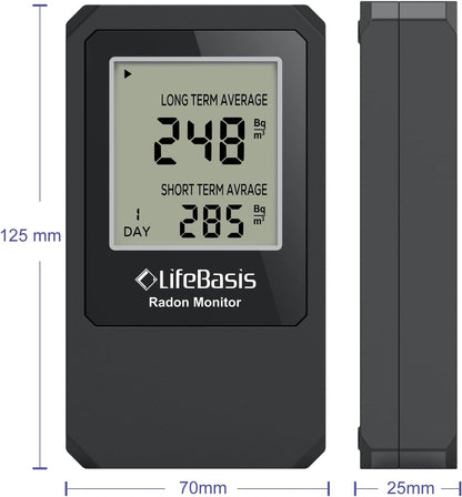Life Basis Radon Detector for Home Radon Tester Portable with Large Screen Long and Short Term Radon Monitoring Battery Operated, Canadian Version in Bq/m - Dark Grey