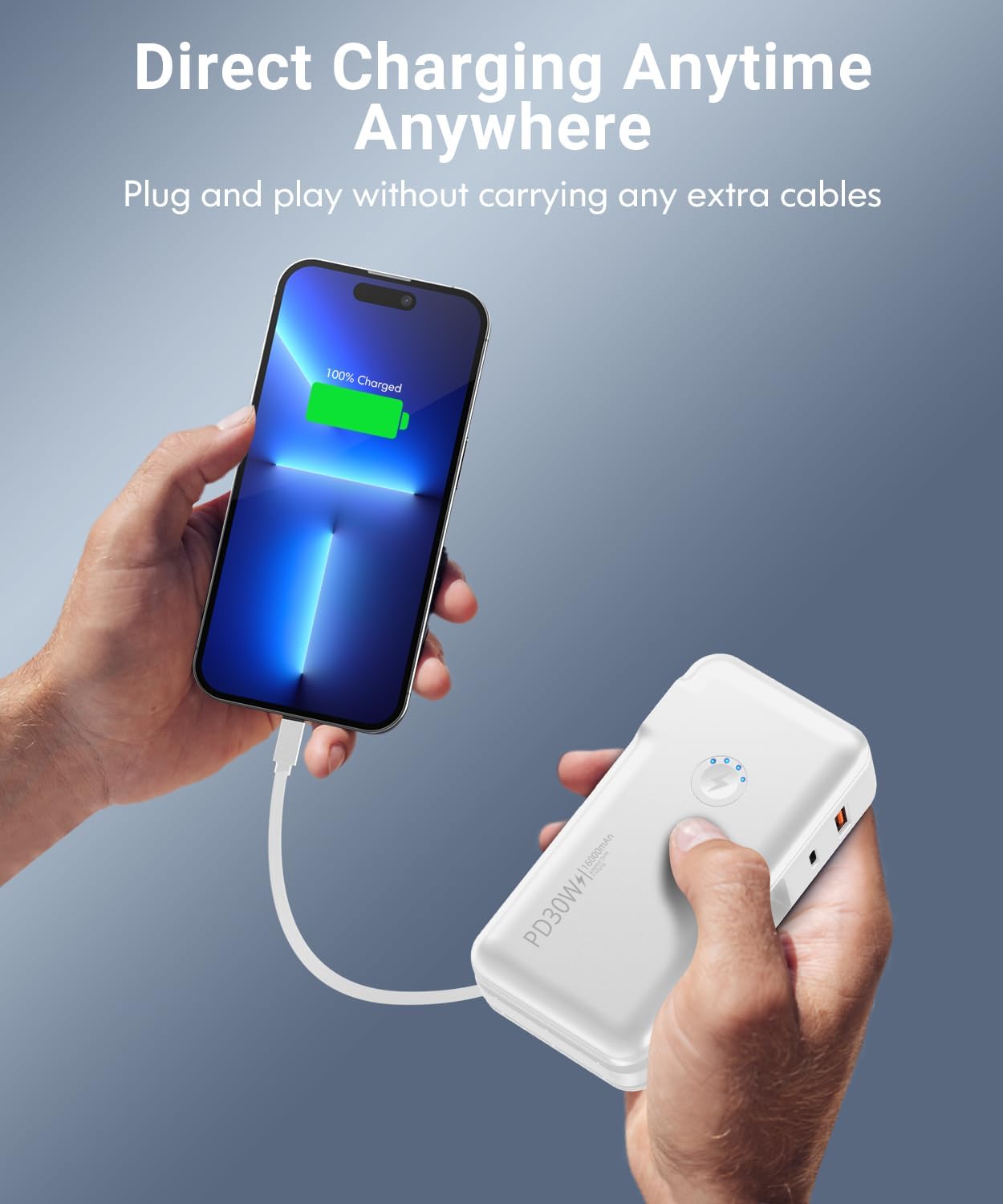 Portable Charger Power Bank 16000mAh Power Bank Built-in AC Wall Plug and Cables, PD 30W and QC4.0 Fast Charger for Most Electronic Devices (White)