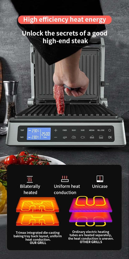 Grill Master Pro - Panini Press Grill, Electric Grill, Electric Griddle, Panini Grill, Indoor Smokeless Contact Grill with Smart Touch Screen Pre-programmed Settings