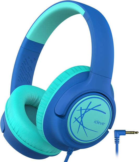 iClever Kids Headphones with Cord, 85dBA Safe Volume Wired Headphones for Kids, Stereo Sound Foldable Adjustable, 3.5mm Jack, Over Ear for School/Boys/Girls/iPad/Tablet/Travel, Blue