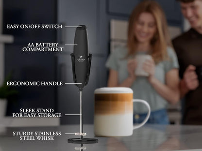 Zulay Kitchen Powerful Double Whisk Milk Frother Handheld - Foam Maker with Stand - Whisk Drink Mixer for Coffee, Mini Foamer for Latte, Matcha, Frappe, Hot Chocolate & Cappuccino (Black)