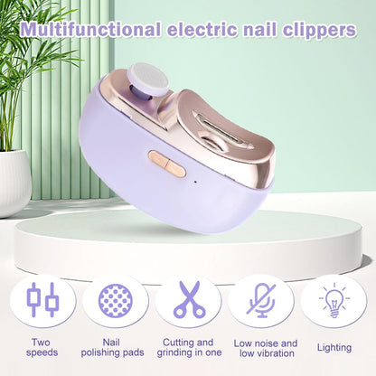 2 in 1 Electric Automatic Nail Clippers Trimmer, 2 Speeds Levels Fingernail Trimmer, Polisher Electric Nail Clipper with Light for Adults baby, White