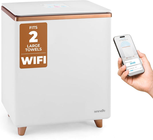 SereneLife Towel Warmer Bucket – Large Capacity WiFi Towel & Blanket Heater, Holds 2 Large Towels, PJ’s & Robes, Single-Touch Control, Auto Shut-Off (Gold) – Luxurious Winter Comfort