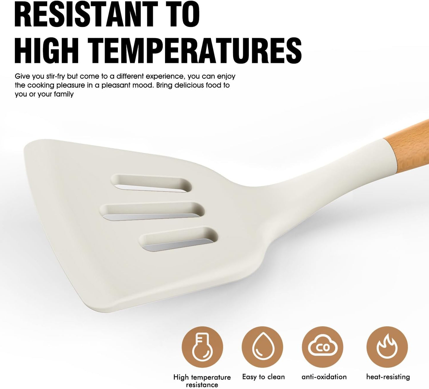 Silicone Cooking Utensils Set - Silicone Kitchen Utensils for Cooking Wooden Handles, 446°F Heat Resistant Kitchen Utensil Spatula Sets w Holder, Gadgets for Non-Stick Cookware BPA Free (Black)