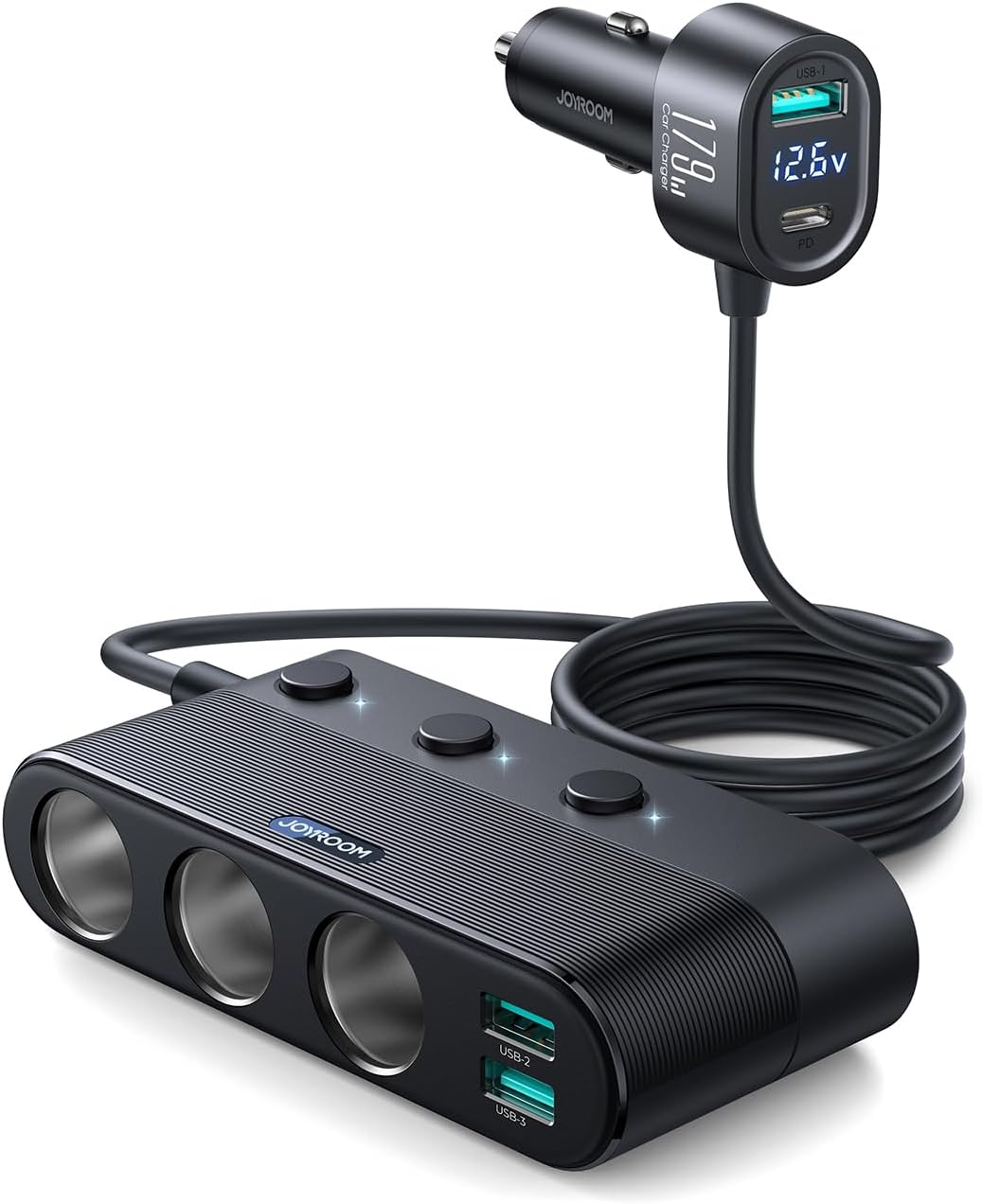 [Upgraded 179W] 7 in 1 Cigarette Lighter Adapter, JOYROOM Car Charger Adapter with PD30W Charge(3.3FT Cable), 24V/ 12V Cigarette Lighter Splitter with Independent Switches & LED Voltage Display