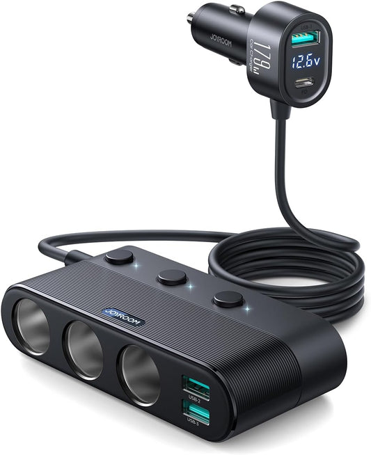 [Upgraded 179W] 7 in 1 Cigarette Lighter Adapter, JOYROOM Car Charger Adapter with PD30W Charge(3.3FT Cable), 24V/ 12V Cigarette Lighter Splitter with Independent Switches & LED Voltage Display