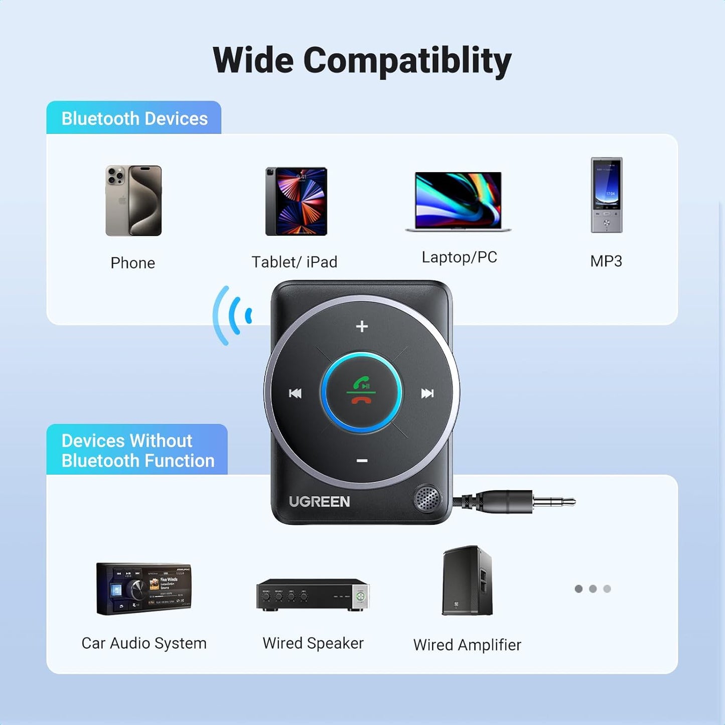 UGREEN Bluetooth 5.4 Adapter for Car with Enhanced Mic, Aux to Bluetooth Receiver 3.5mm Jack with Nylon Braided Cable, Dual Devices Paired, Hands-Free Calls Compatible with Car Speaker and Home Audio