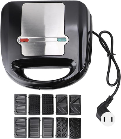 6 in 1 Mini Donut Maker, Double Sided Heating Waffle Maker Sandwich Maker Grill Maker Madeleines Maker Nut Cake Maker Non Stick Small Breakfast Machine with 10 Removable Plates