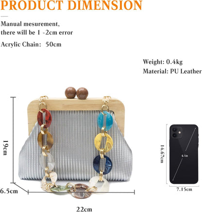 CORIOS Women Evening Bag Pleated Clutch Bag Wooden Beads Handbag Bridal Wedding Purse Elegant PU Leather Shoulder Bag