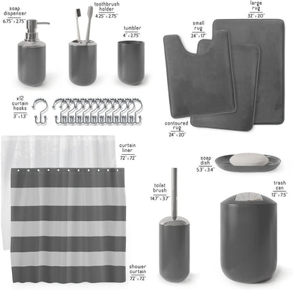 Clara Clark Bathroom Set - Gray Bathroom Accessories Set, Bathroom Sets with Shower Curtain and Rugs, 23PC Shower Curtain Set with Liner, Soap Dispenser, Soap Dish, Toilet Brush Holder, and Trash Can
