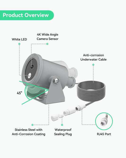 LINOVISION 4K Ultra HD Underwater Camera with Anti-Corrosion Coating, POE Network Camera with Intuitive Web GUI and Mobile APP, for Aquaculture Farms, Aquariums, Dams(10 Meters Cable)