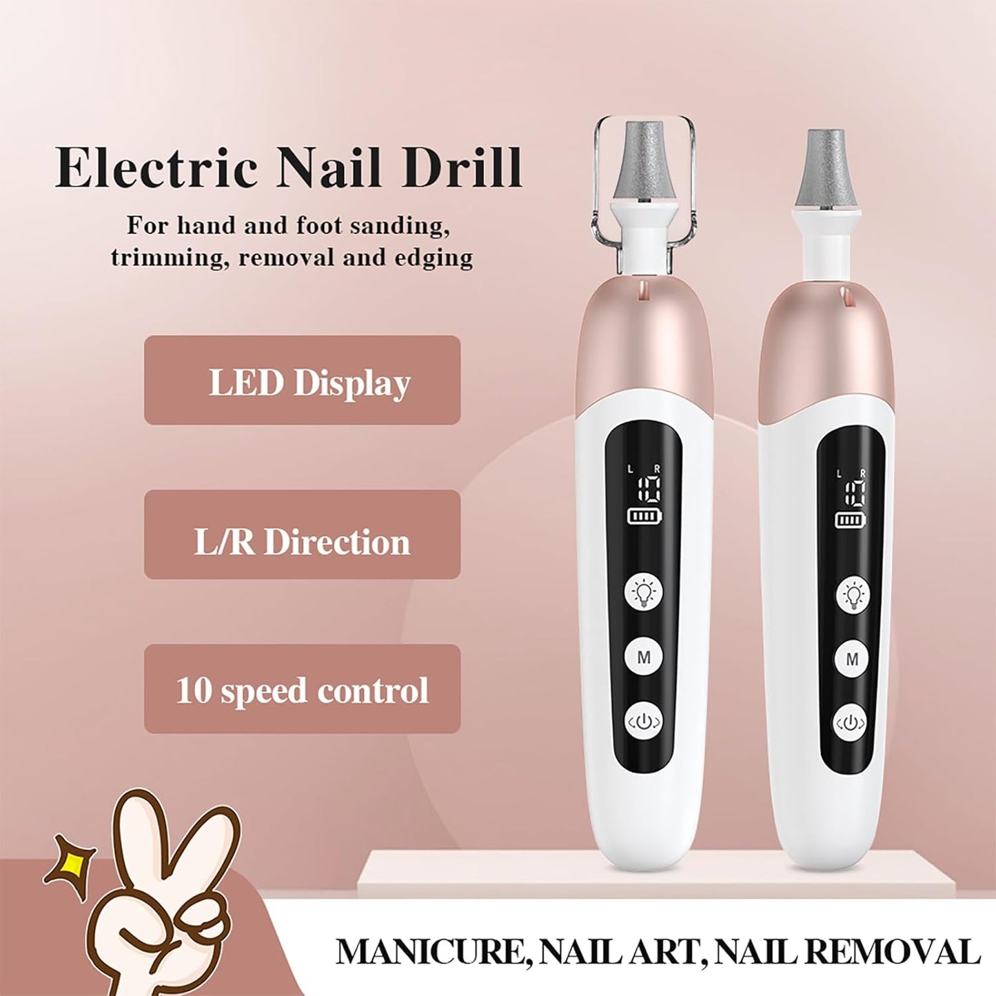 Electric Manicure Pedicure Set, Cordless Nail Files Rechargebale Electric Nail Drill Thick Nails Care Tools with 10 Speeds and LCD Display for Home Salon