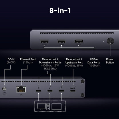 UGREEN Revodok Max 208 Thunderbolt 4 Dock, 40Gbps Thunderbolt 4 Hub Docking Station with Dual 4K@60Hz or Single 8K Display, 85W Charging, Gigabit Ethernet, 3X USB A 3.2 for MacBook Laptops