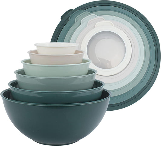 COOK WITH COLOR Mixing Bowls with TPR Lids - 12 Piece Plastic Nesting Bowls Set Includes 6 Prep Bowls and 6 Lids, Microwave Safe Mixing Bowl Set (Green) - PuriLite