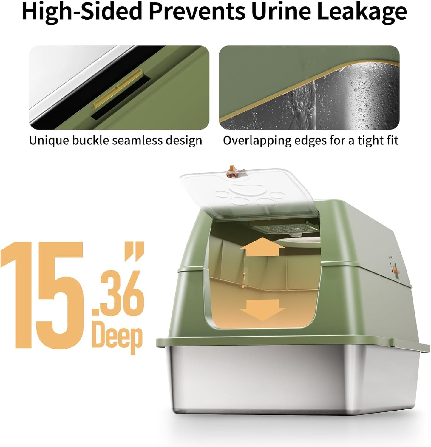 Eosarcu Stainless Steel Cat Litter Box with Lid, 180° Flip-Top XL Extra Large Enclosed Litter Box, Covered Metal High Sided Litter Pan with Steps & Scoop, Easy Cleaning, Odor Control,Non-Sticky-Black