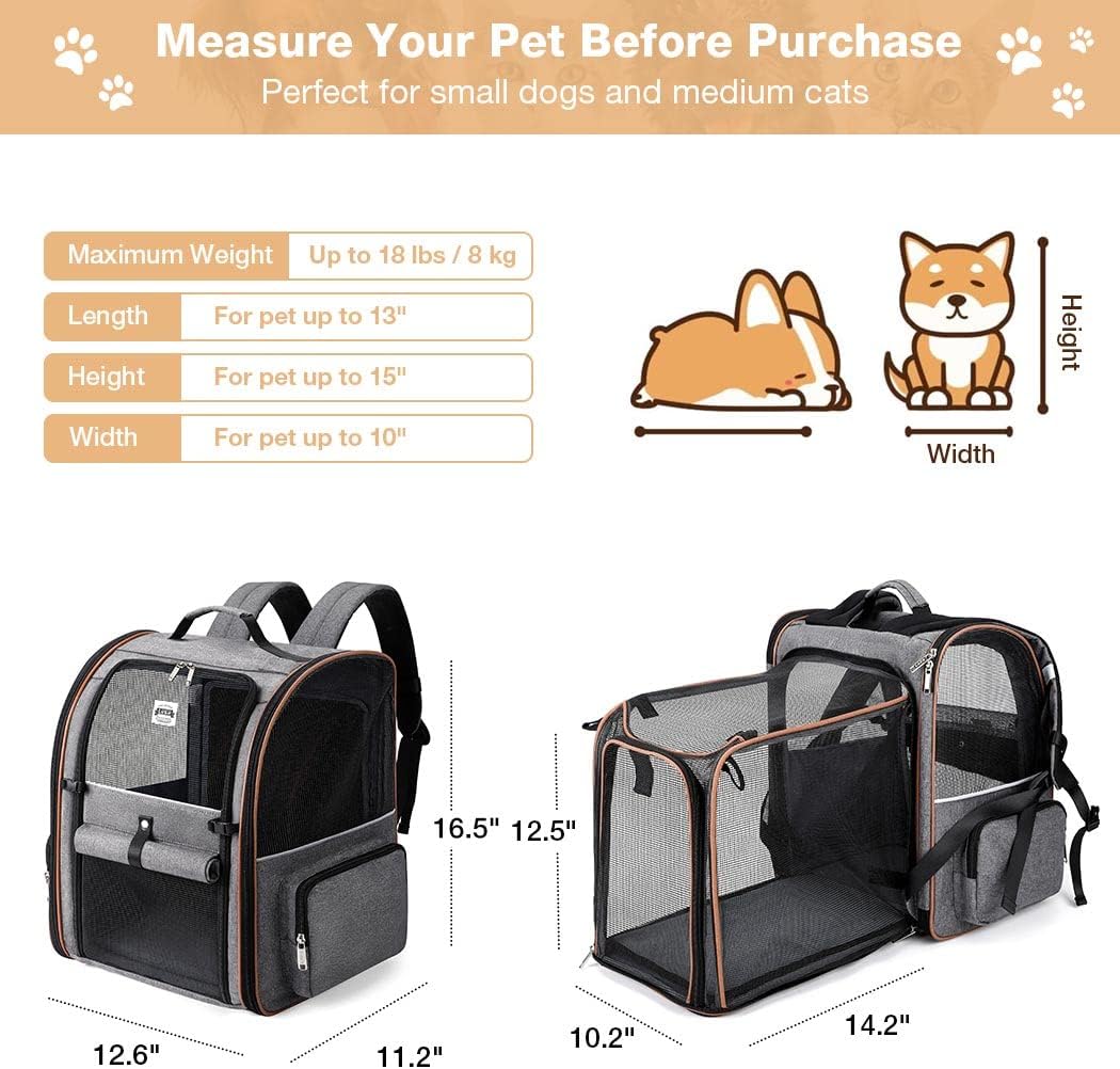 Lekespring Cat Bag, Expandable Cat Backpack Carrier for Small Dogs Medium Cats Fit Up to 18 Lbs, Dog Backpack Carrier, Foldable Pet Backpack Carrier for Travel, Hiking, Outdoor Use (Grey)