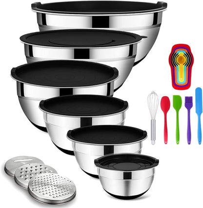 Mixing Bowls Set with Airtight Lids, 20PCS Stainless Steel, Nesting Bowls with 3 Grater Attachments & Non-Slip Bottoms, Size7, 4, 3, 2, 1.5, 1QT Bowls for Baking&Prepping