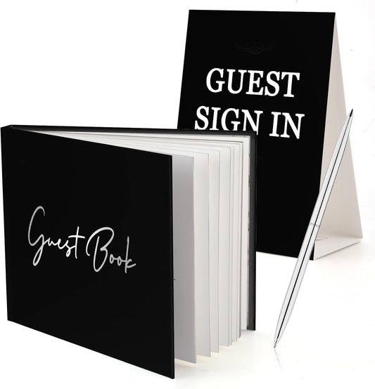 3pcs Wedding Guest Book Set, Romantic Wedding Guest Signature Book with Hard Cover Cherished Modern Script Wedding Book Blank Pages for Wedding Reception Special Events (Black) - PuriLite