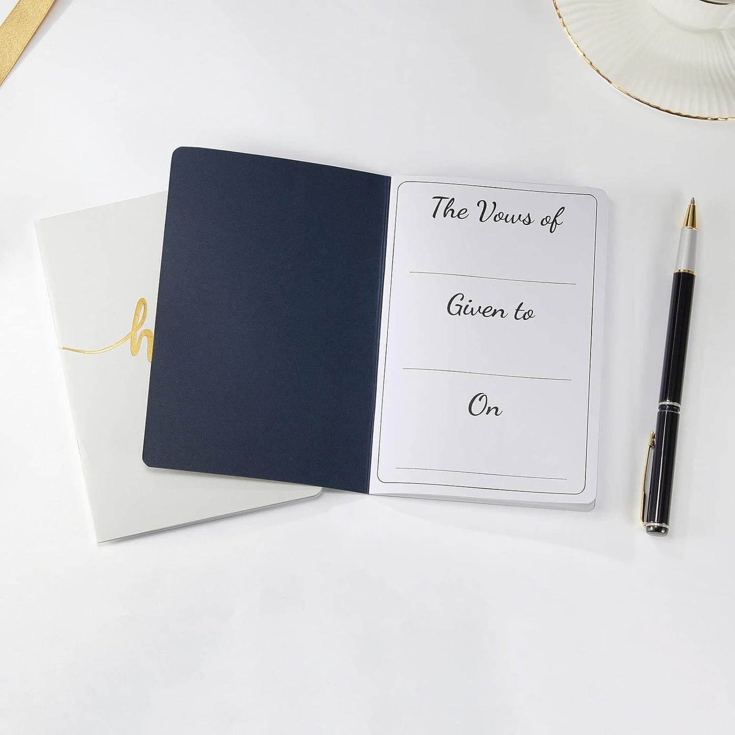 Vekola Vow Books for Wedding His and Hers Elegant Gold Foil Set of 2 Wedding Notebook with 28 Pages (Navy Blue+White)