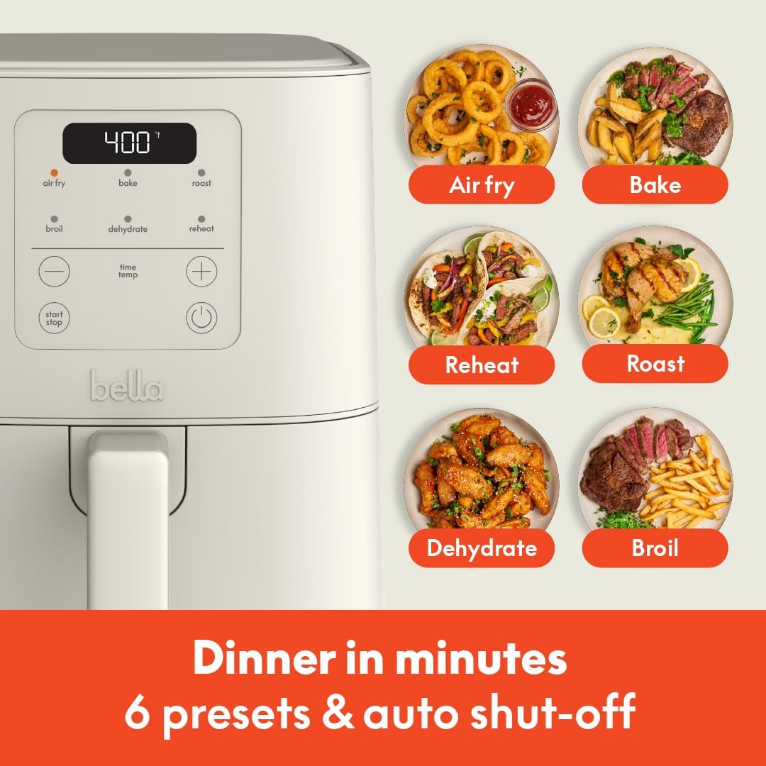 bella 4Qt Slim Air Fryer, Fits-anywhere Kitchenware, EverGood Ceramic Nonstick Coating, Adjustable Temperature, 6 Preset Cooking Options, 60 Min Auto Shutoff w Audible Tone, 3.3lb Capacity, Surf