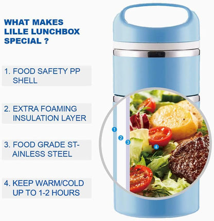 Lille Home Stackable Stainless Steel Thermal Compartment Lunch/Snack Box, 3-Tier Insulated Bento/Food Container with Lunch Bag, Cutlery Set and 3 Extra Seals, 43OZ (Gray)