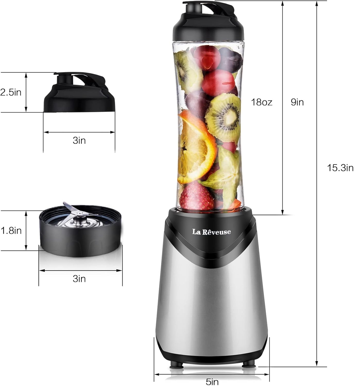 La Reveuse Smoothie Blender Personal Size 300 Watts with 2 Pieces 18 oz BPA-Free Travel Sports Bottles,Grey