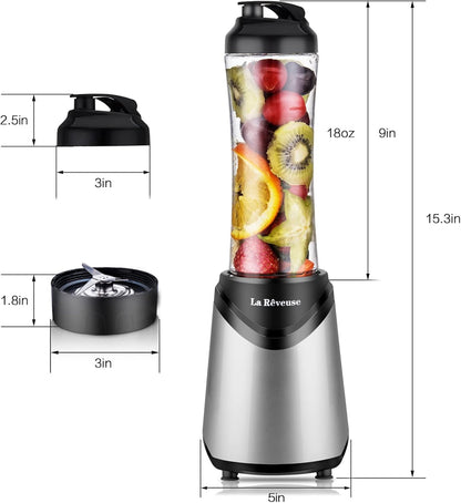 La Reveuse Smoothie Blender Personal Size 300 Watts with 2 Pieces 18 oz BPA-Free Travel Sports Bottles,Grey