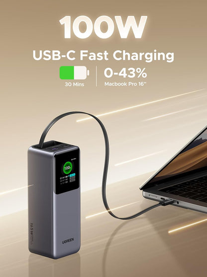 UGREEN 20,000mAh Laptop Power Bank for MacBook, Built-in and 100W Retractable Cables, 165W Portable Charger for Multi-Device Charging, Smart Digital Display, for iPhone 16/15 Series, Samsung, and More