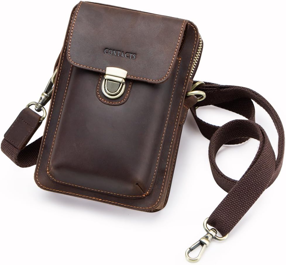 Contacts Men Waist Pack Small Shoulder Bag Pouch Purse Genuine Leather Vintage Travel Cell Phone Bag with Card Holder