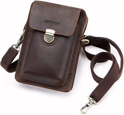 Contacts Men Waist Pack Small Shoulder Bag Pouch Purse Genuine Leather Vintage Travel Cell Phone Bag with Card Holder