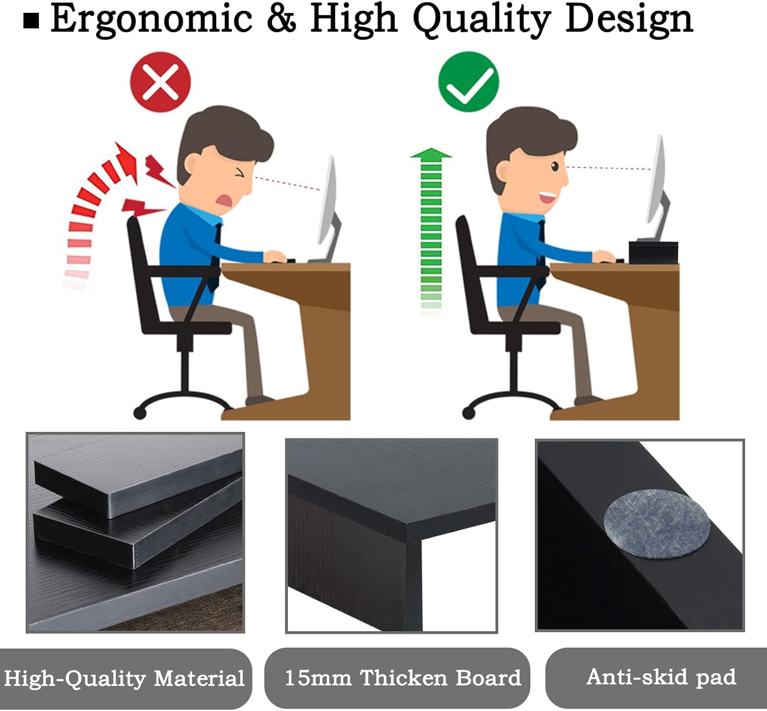 TEAMIX 2 Pack Wood Monitor Stand Riser, Black Adjustable Computer Stand Dual Monitor Riser for Monitors/Laptops/TV, Desktop Shelf Space-Saving - PuriLite